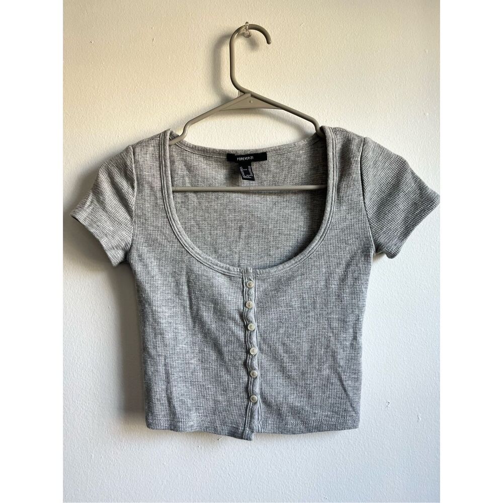 Forever 21 Crop Top XS Women Gray Scoop Neck Short Sleeve Button Down